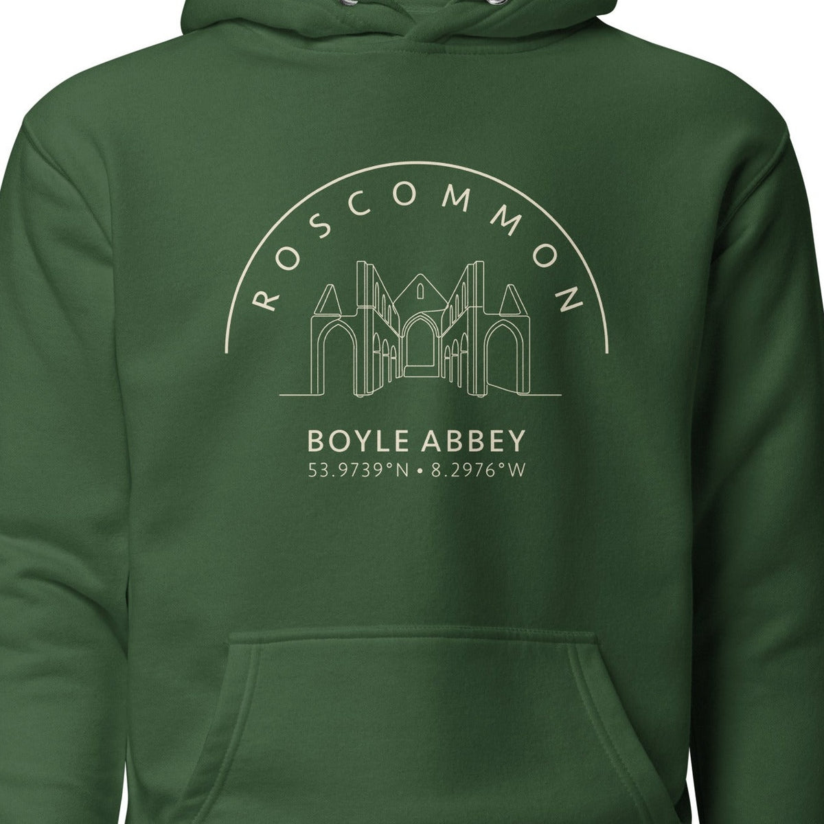 Roscommon Boyle Abbey hoodie chest design detail