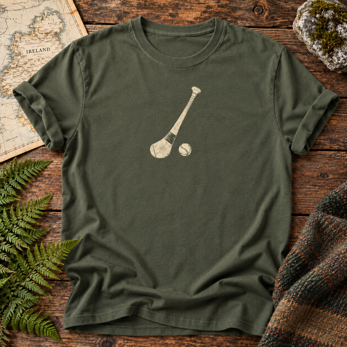 Hurling Mark Ireland T-Shirt in Moss, front flatlay