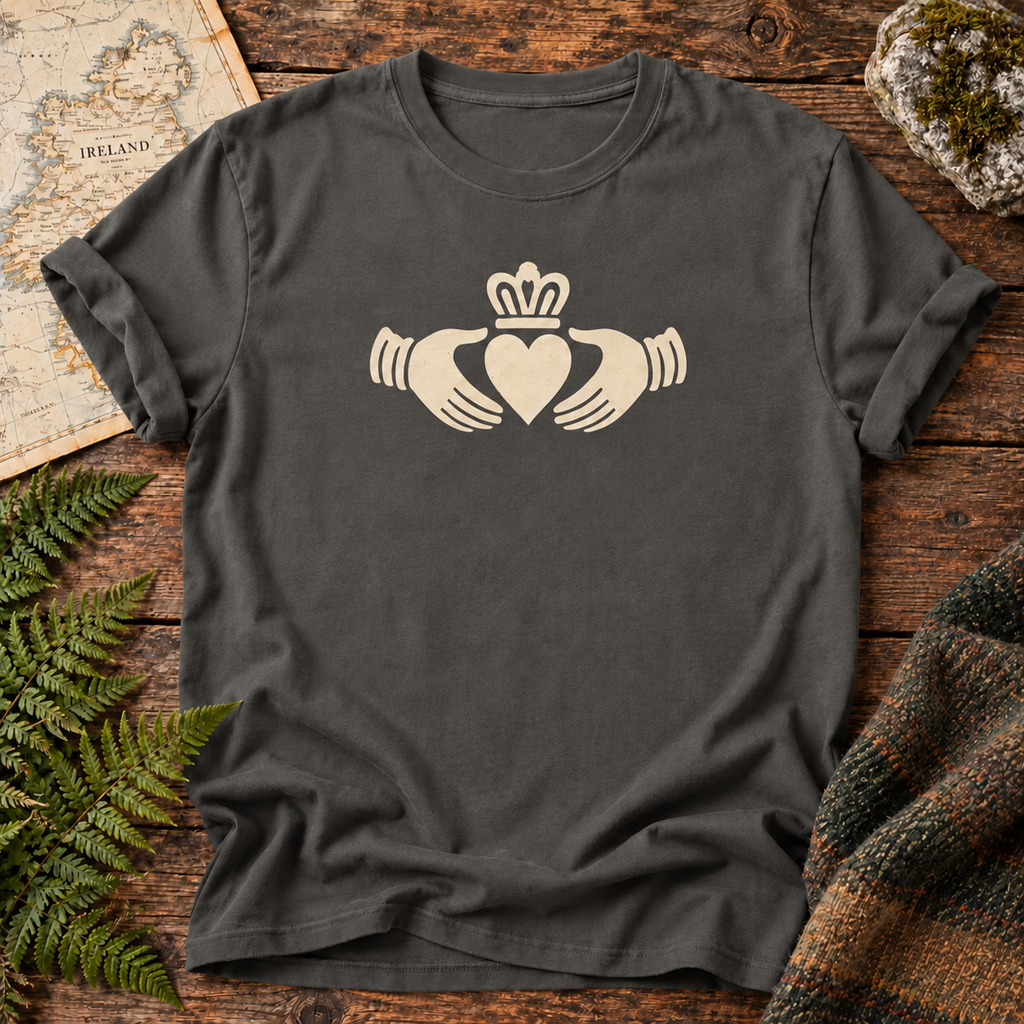 Claddagh Mark Ireland T-Shirt in Pepper, front flatlay