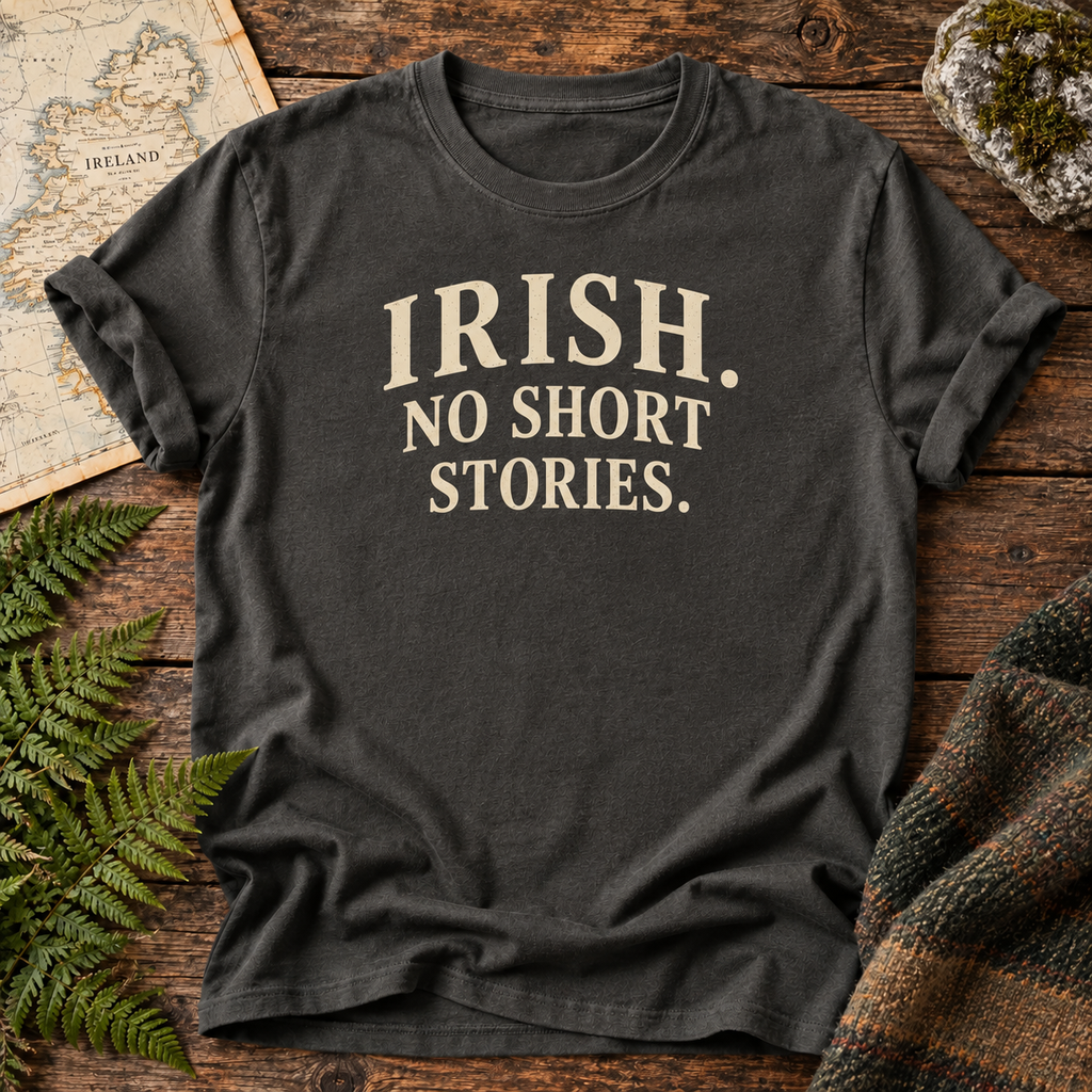 No Short Stories Ireland T-Shirt in Pepper, front flatlay