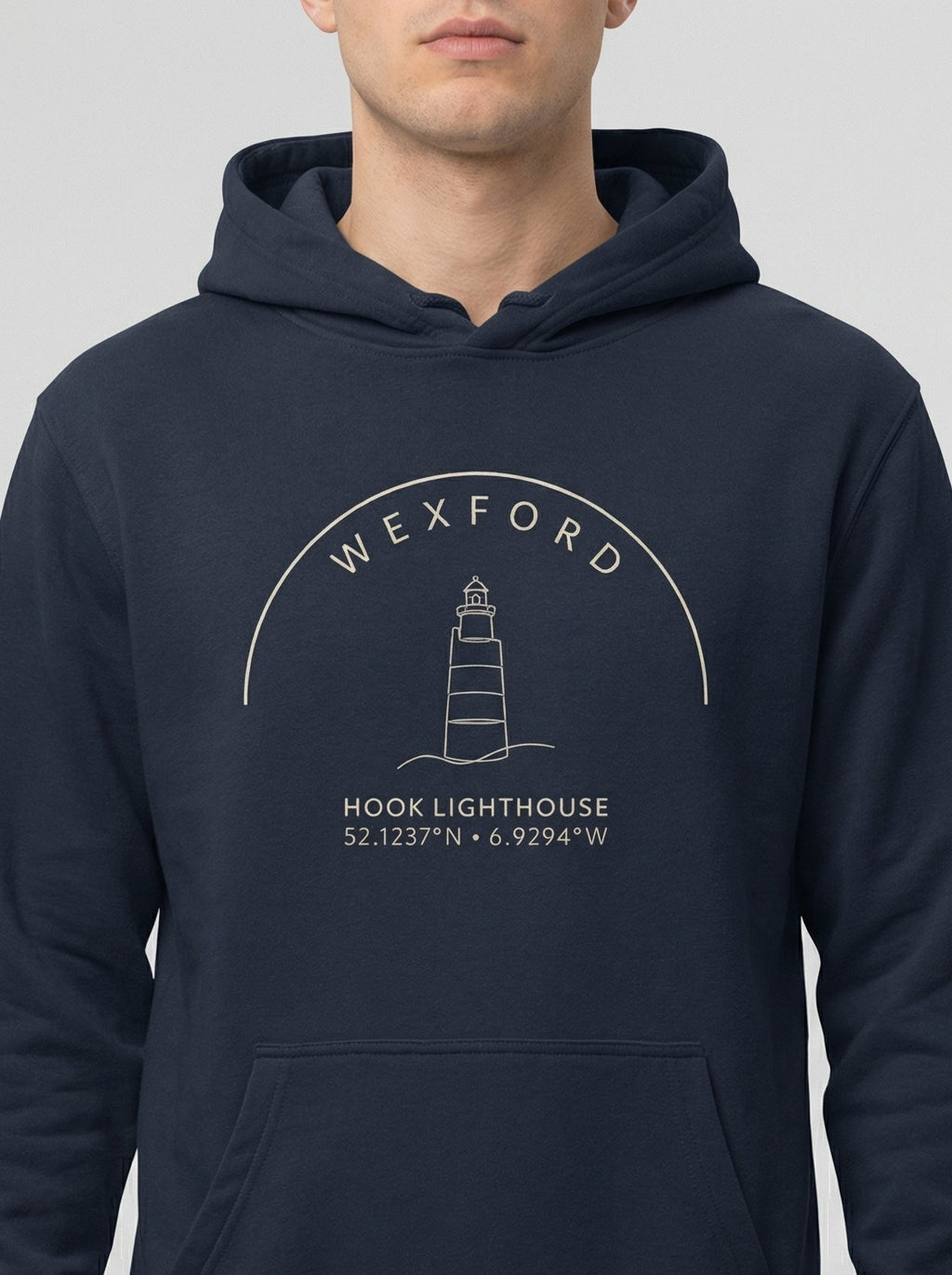 Navy hoodie with 'Wexford Hook Lighthouse' design on a white background